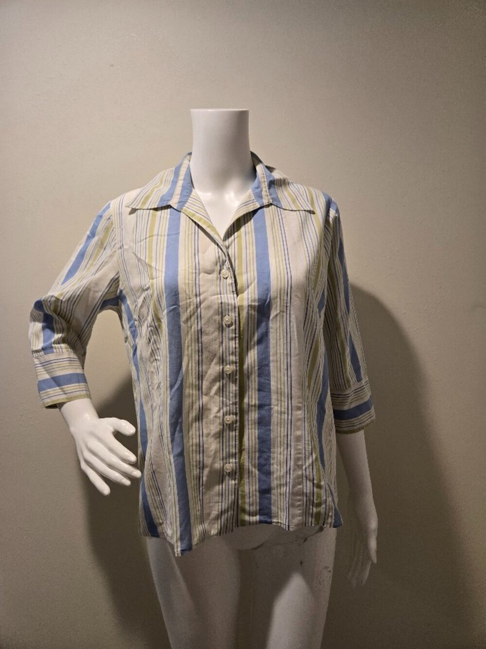 Pendleton Striped Button Down 3/4 Sleeve Shirt Yellow Blue S